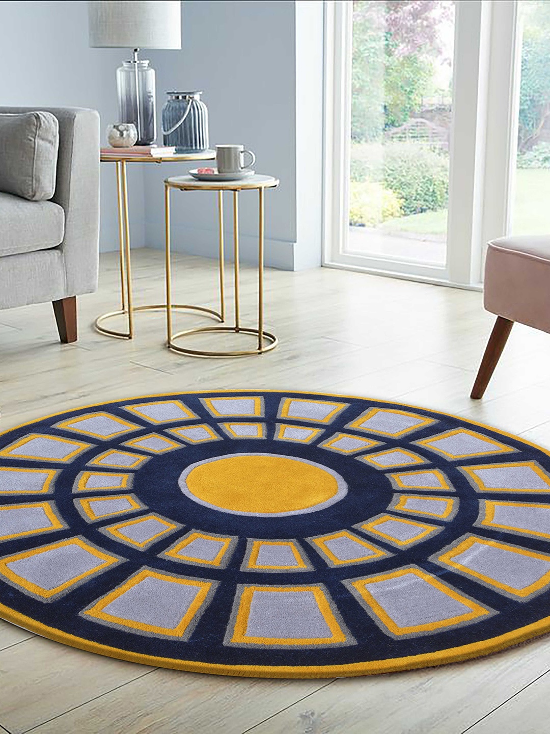 

PRESTO Yellow & Blue Geometric Printed Hand-Tufted Round Carpet