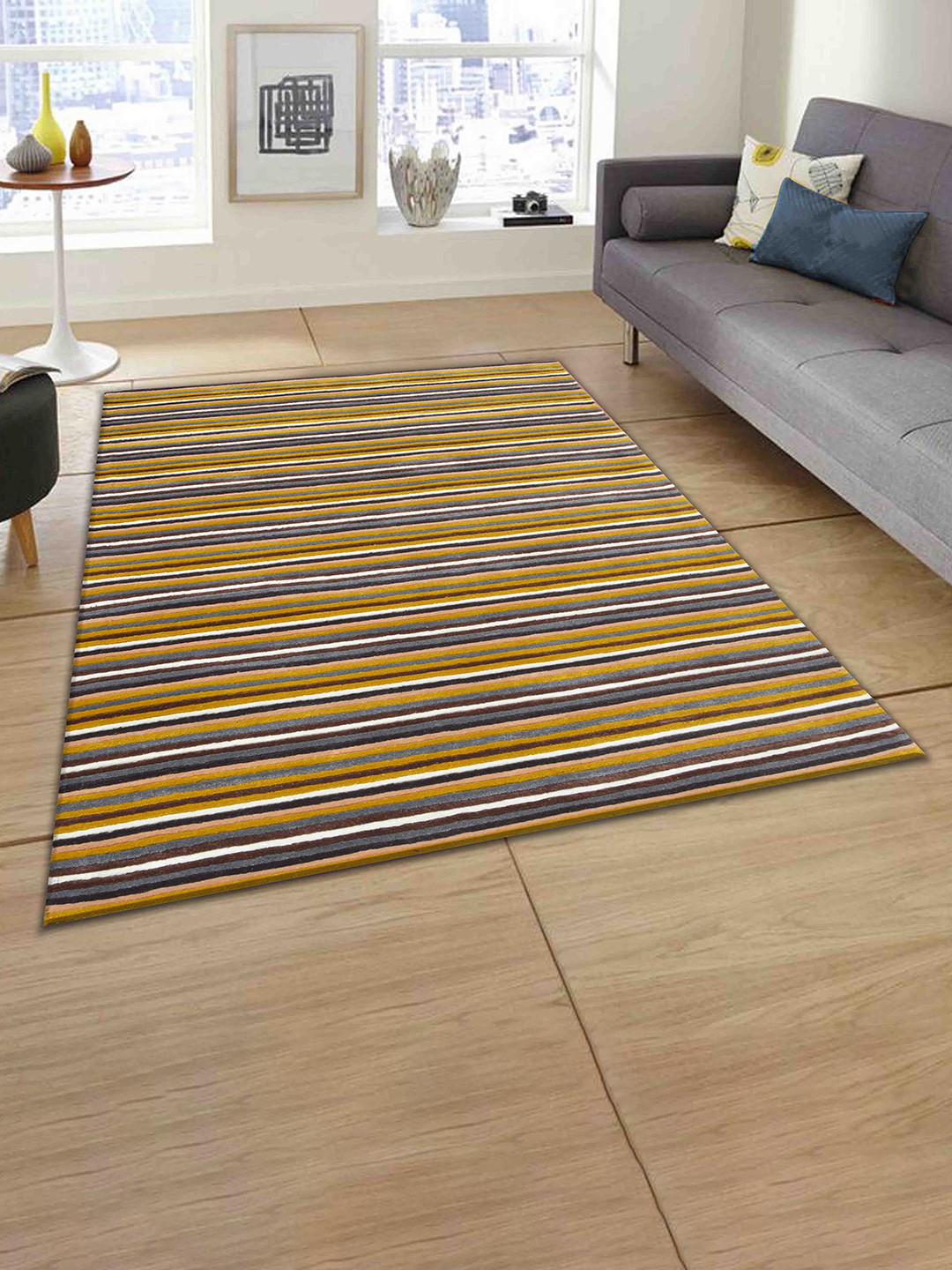 

PRESTO Yellow & Grey Striped Hand Tufted Wool Carpet