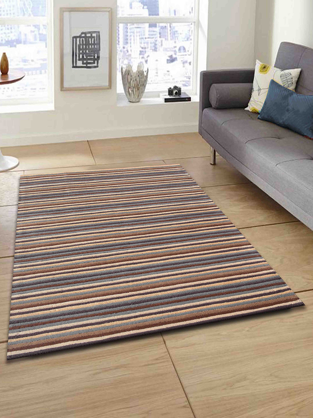 

PRESTO Brown & Beige Striped Hand Tufted Wool Carpet
