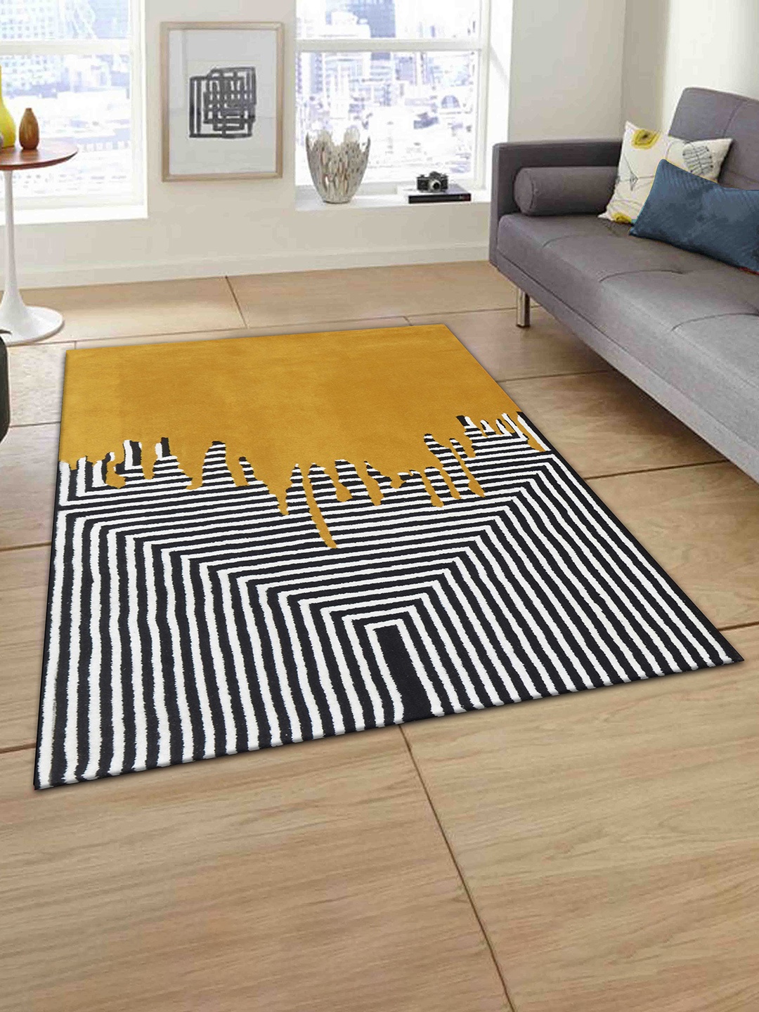 

PRESTO Yellow, black & White Geometric Printed Hand Tufted Wool Anti-Skid Carpet