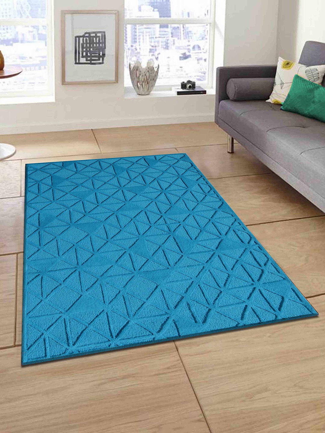 PRESTO Blue Geometric Hand Tufted Wool Carpet