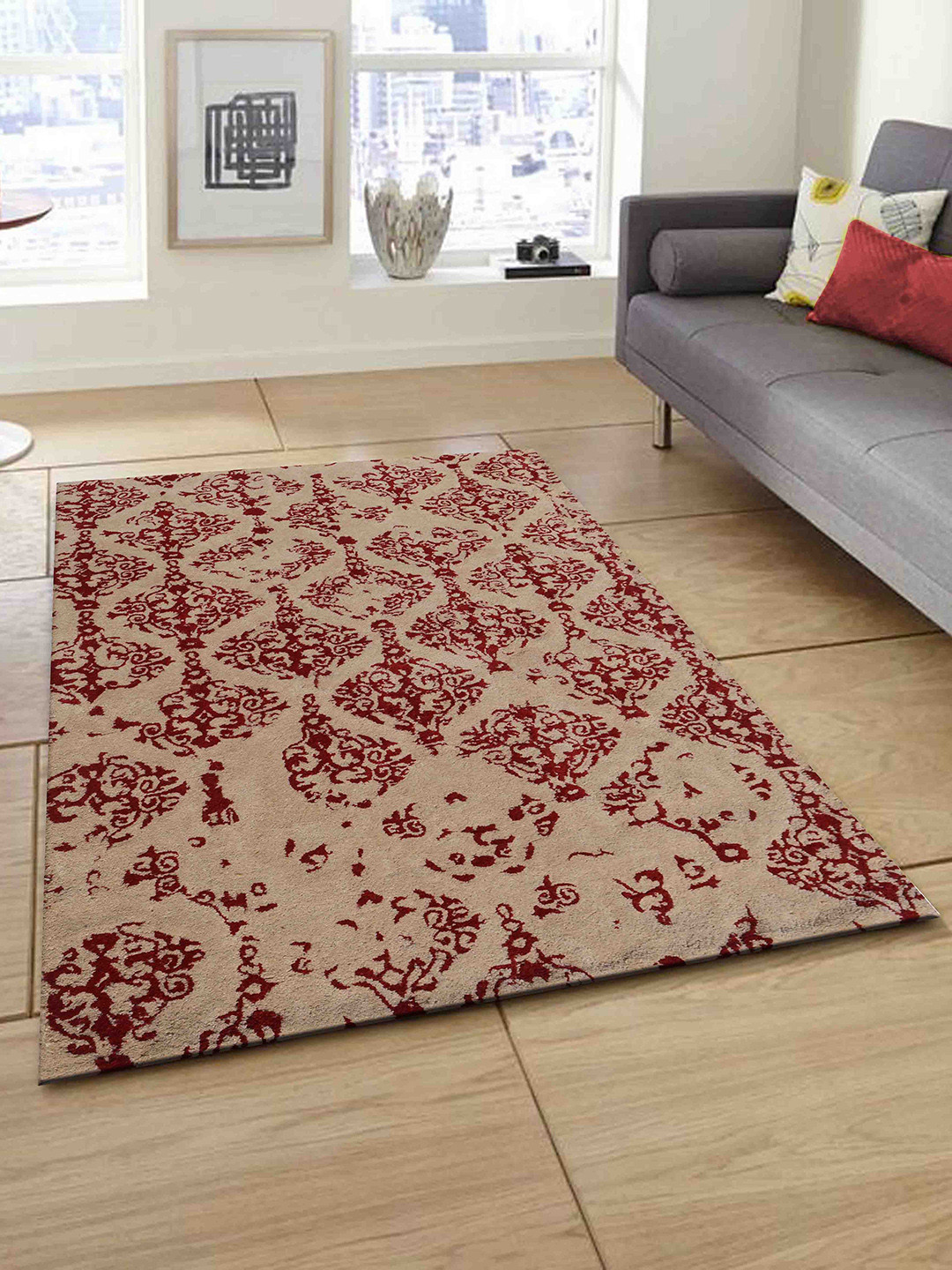 

PRESTO Red & Beige Abstract Printed Hand Tufted Wool Anti-Skid Carpet