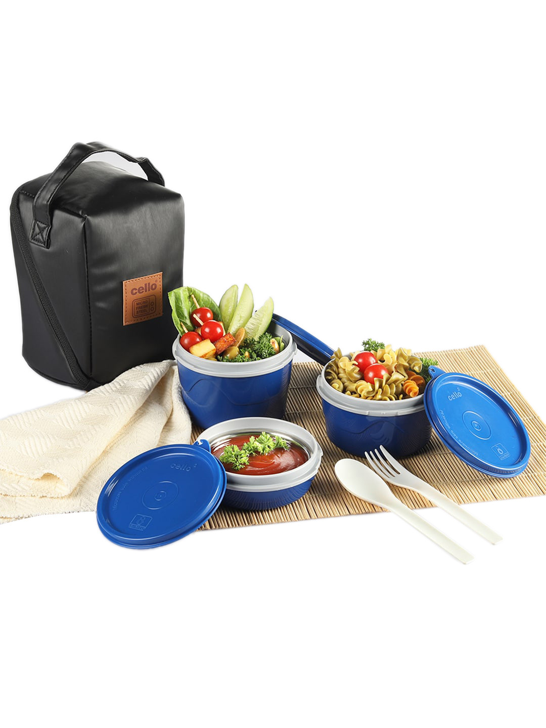 

Cello MF Micro 3Pcs Inner Stainless Steel Lunch Box with jacket- 225ml+375ml+550ml, Blue