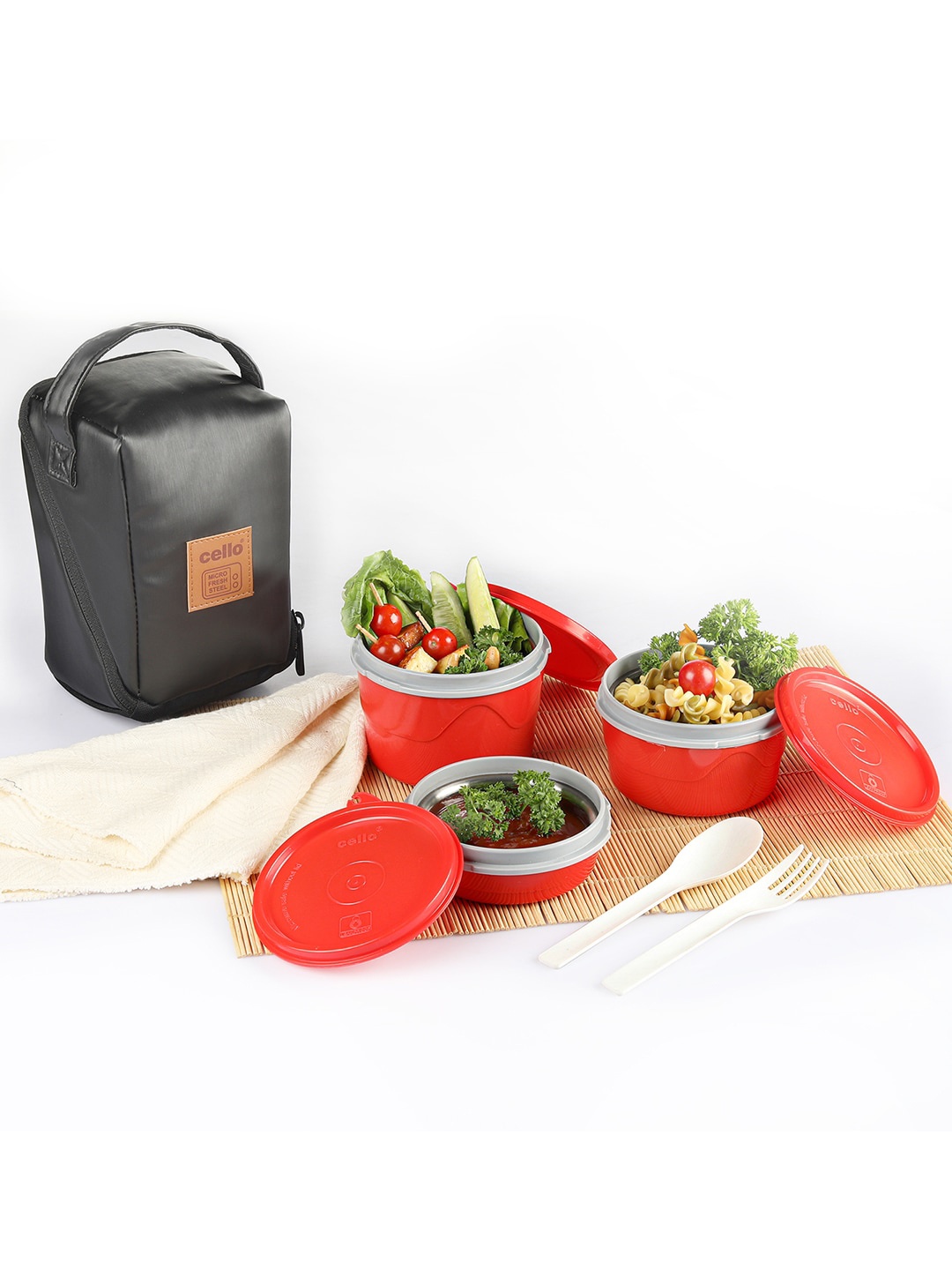 

Cello Red & Silver-Toned Set of 3 Solid Stainless Steel Lunch Box With Bag