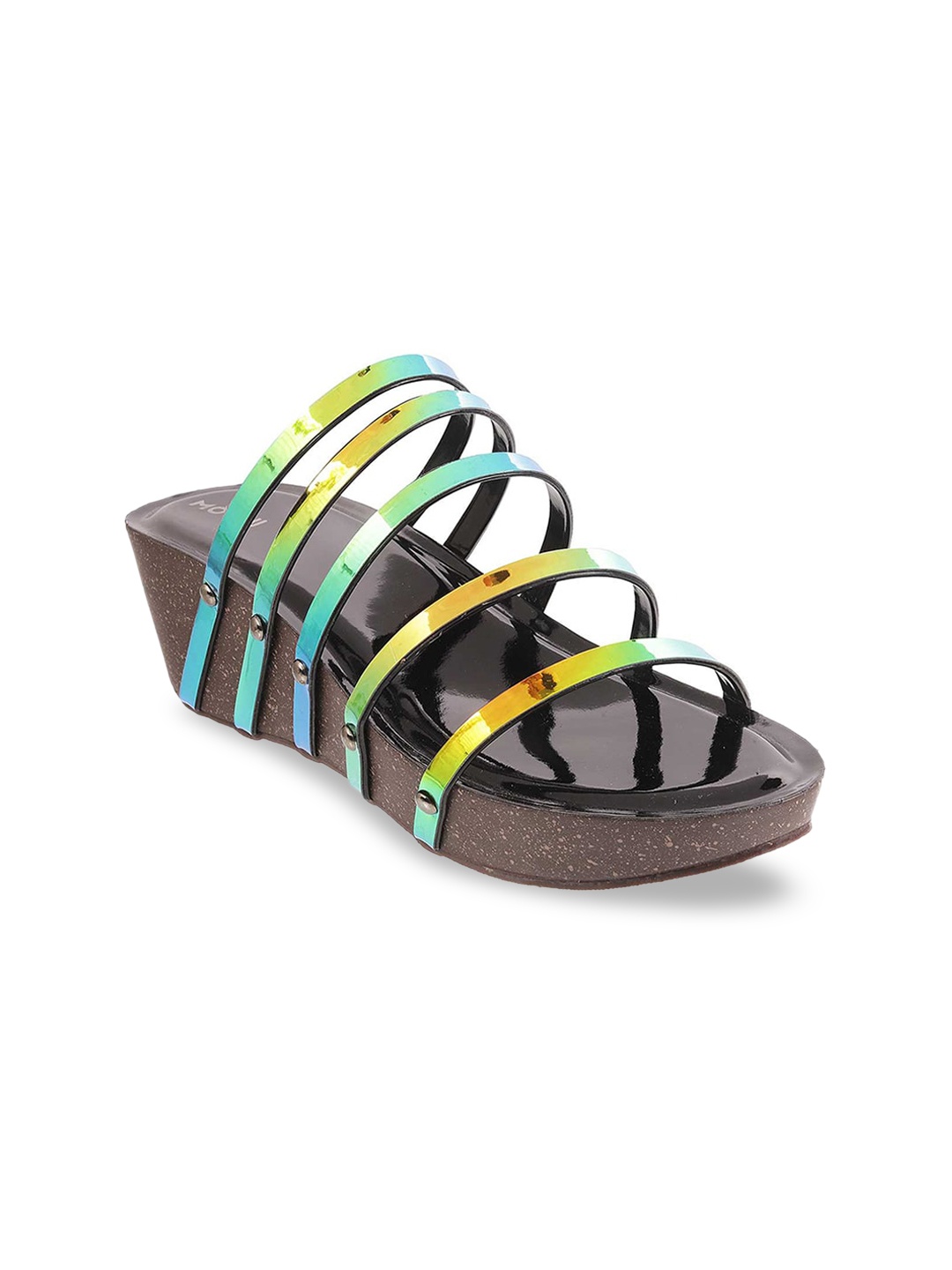 

Mochi Women Black & Yellow Striped Wedge Heels