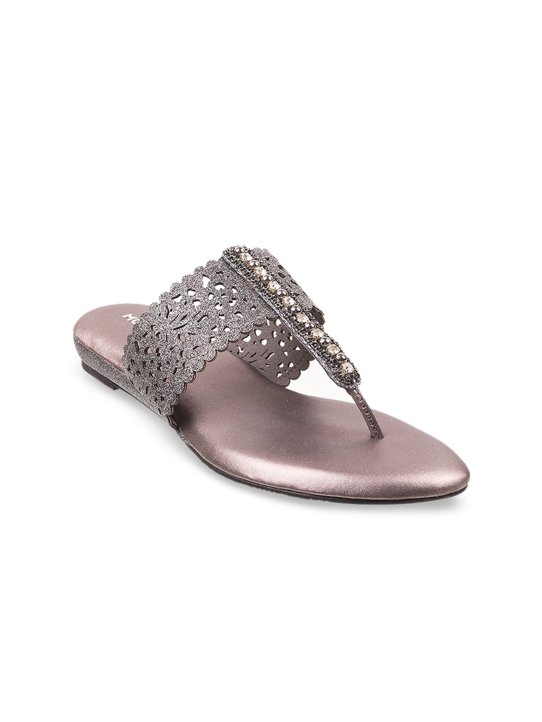 

Mochi Women Grey Embellished T-Strap Flats With Laser Cuts