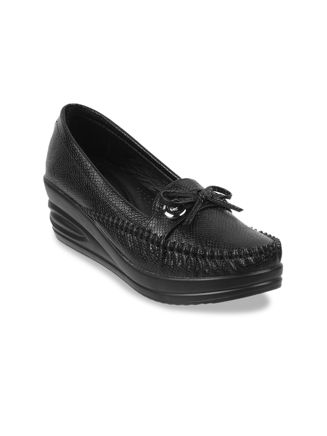 

Mochi Women Black Textured Wedge Mules with Bow