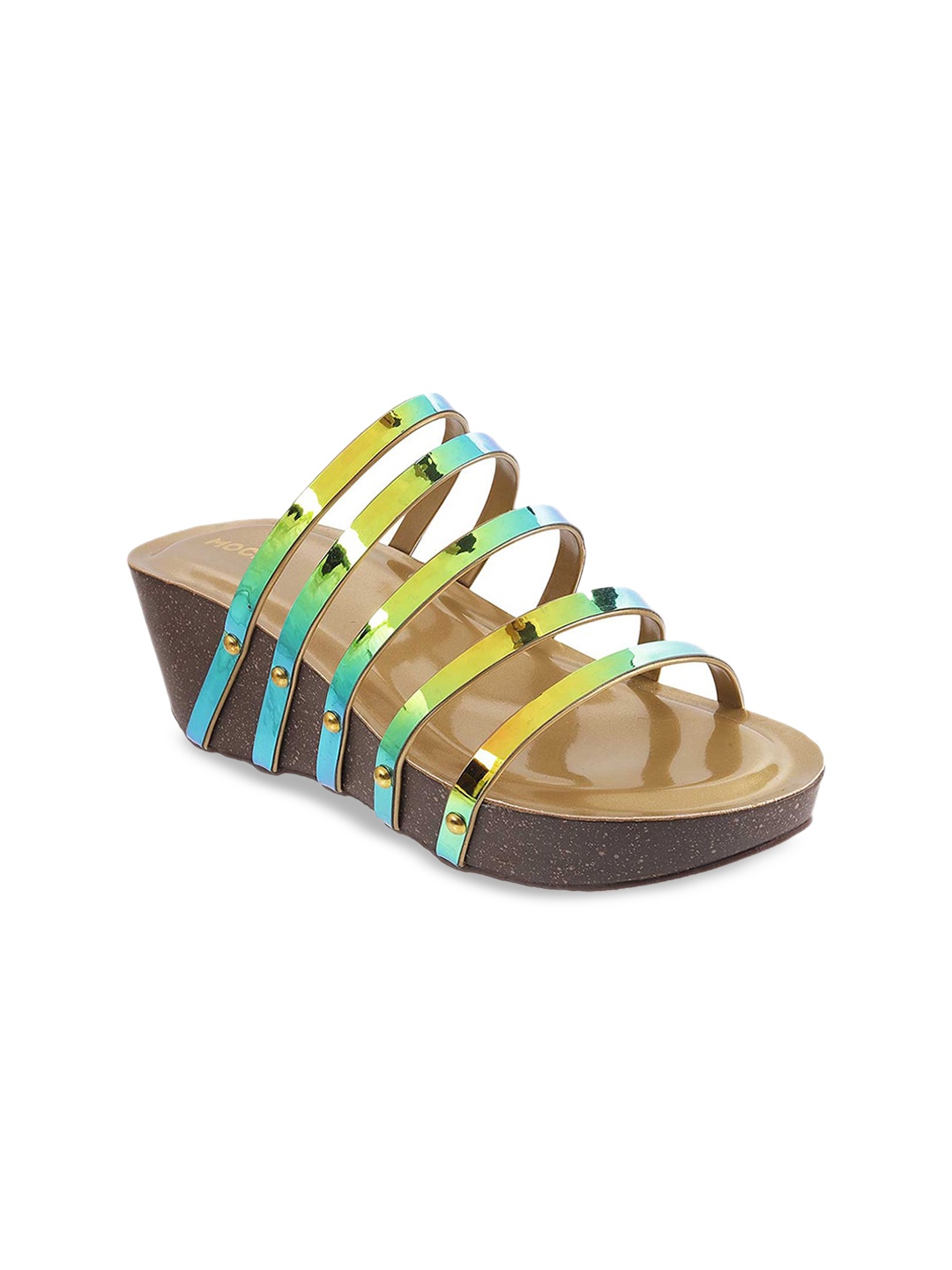 Mochi Women Gold-Toned & Green Striped Wedge Heels