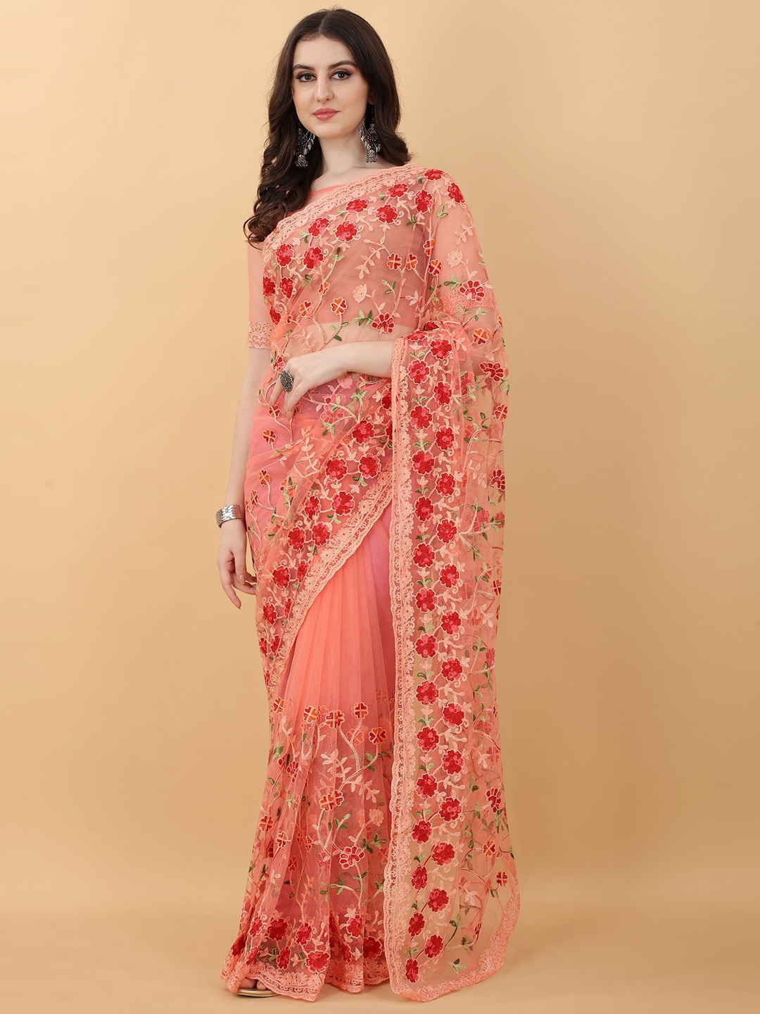 

kasee Peach-Coloured & Red Floral Embroidered Net Heavy Work Saree