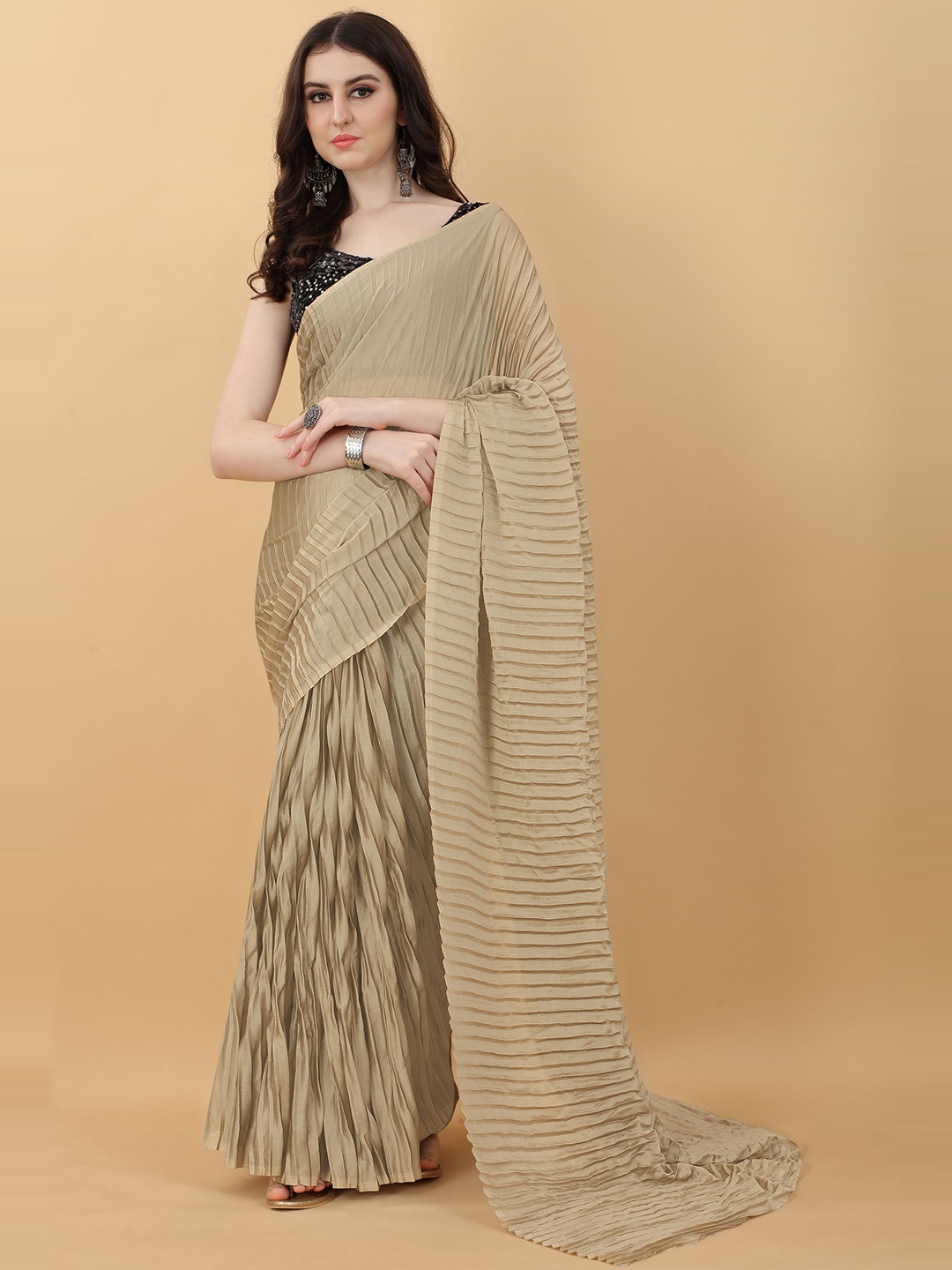 

kasee Tan Solid Accordion Pleated Saree