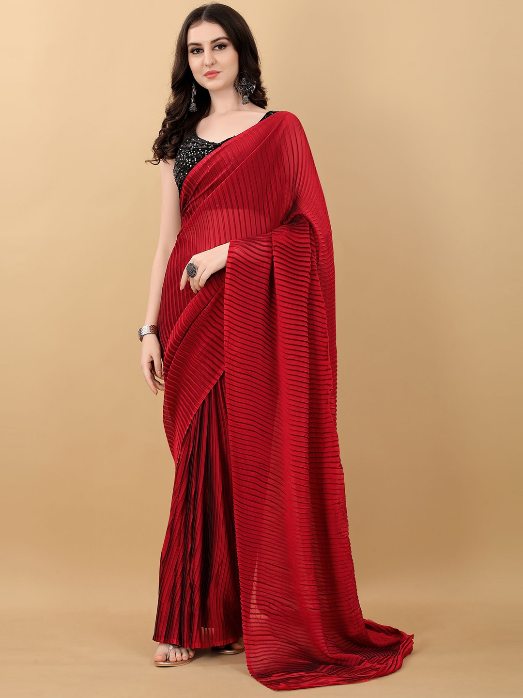 

kasee Red Solid Accordion Pleated Saree