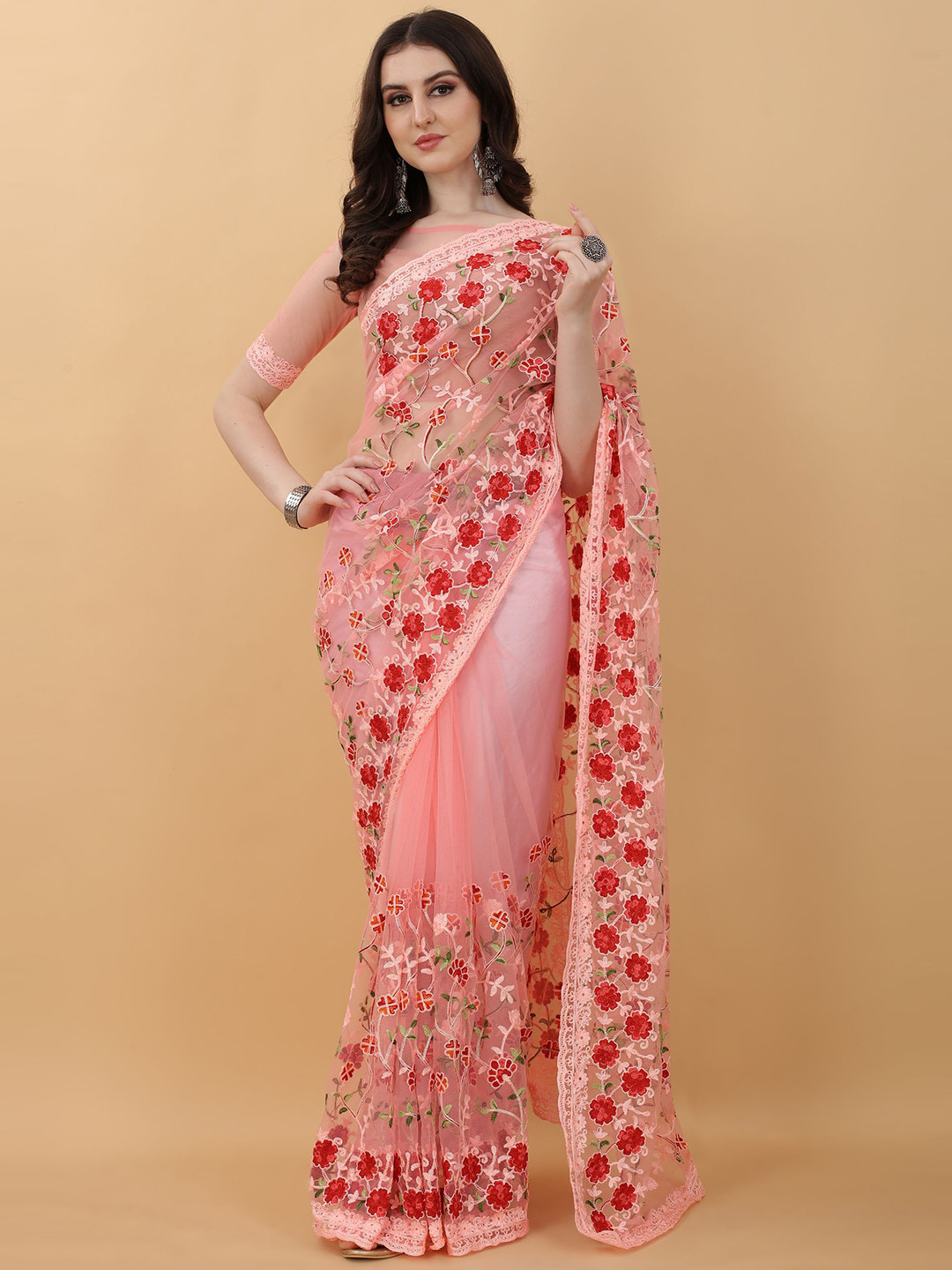 

kasee Pink & Red Floral Embroidered Net Heavy Work Saree