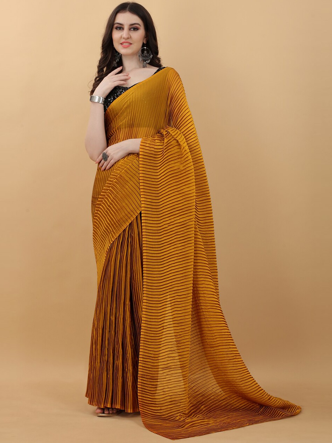 

kasee Orange Solid Accordion Pleated Saree