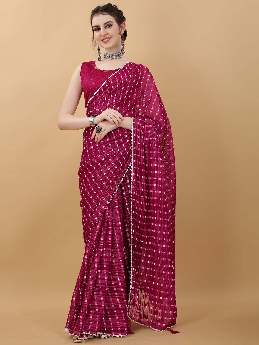 

kasee Maroon & White Woven Design Satin Saree