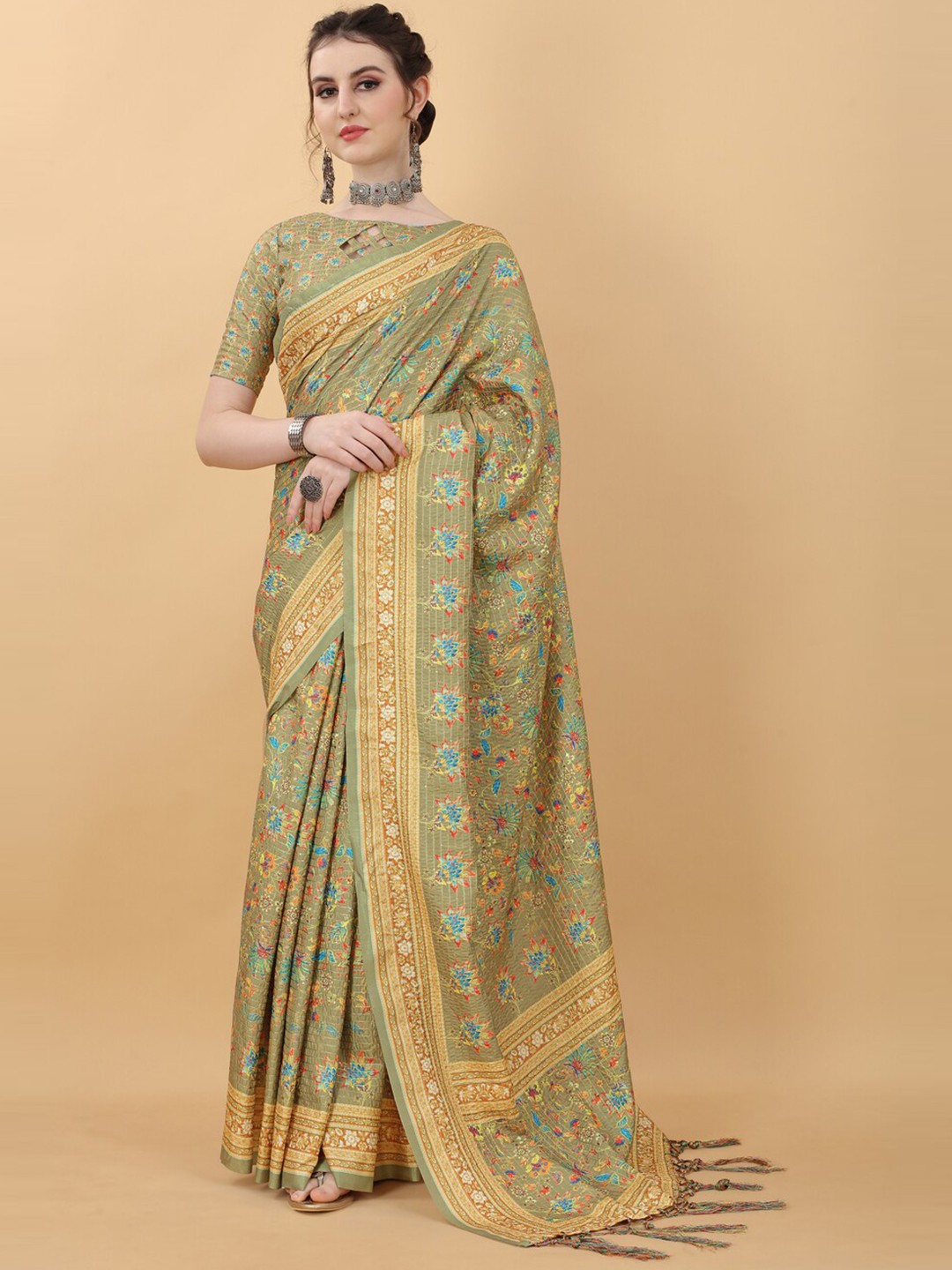 

kasee Green & Blue Floral Printed Satin Saree