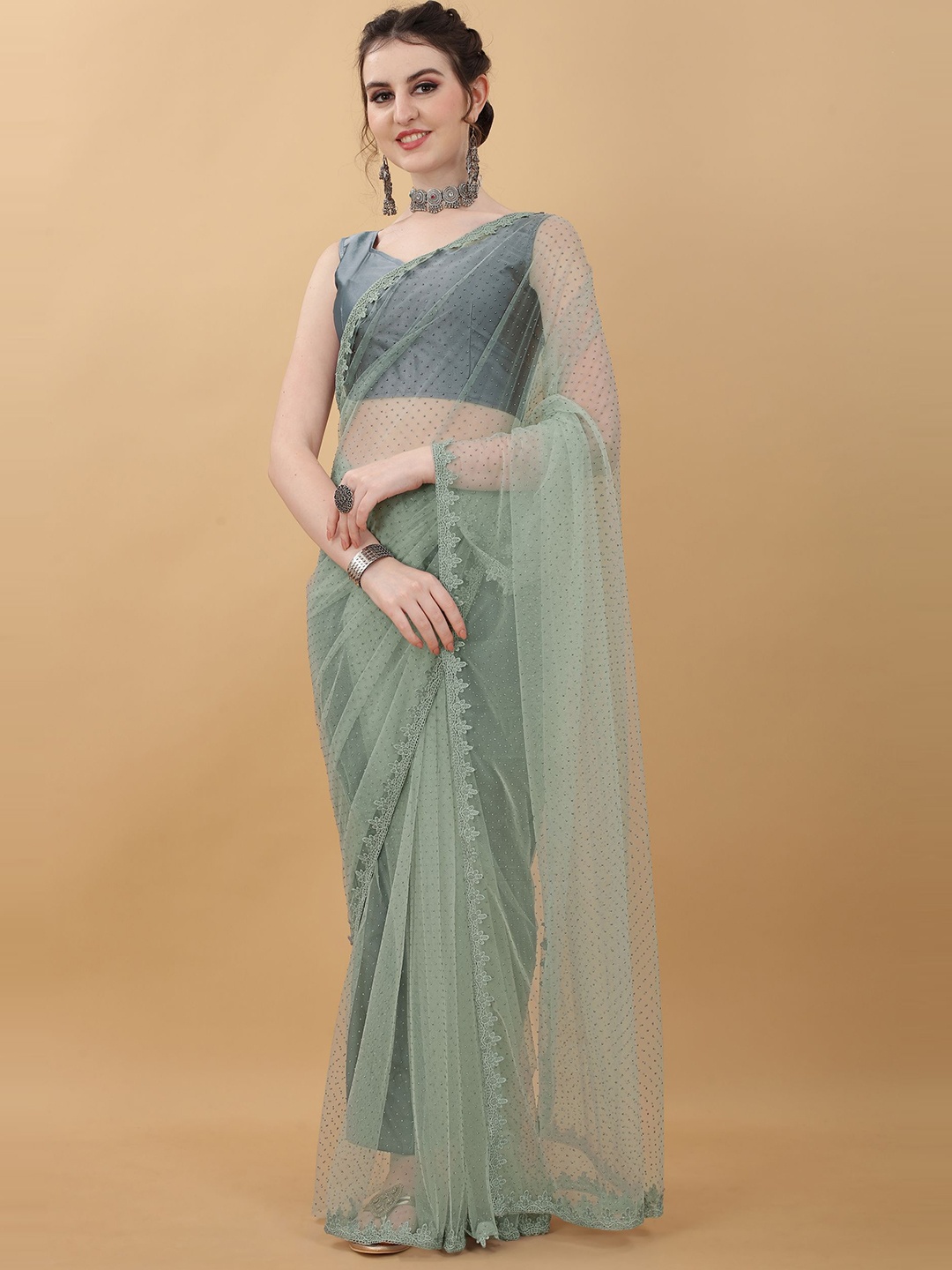 

kasee Grey Embellished Sequinned Net Saree