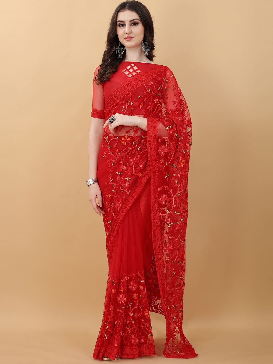 kasee Red & Green Floral Embroidered Net Heavy Work Saree