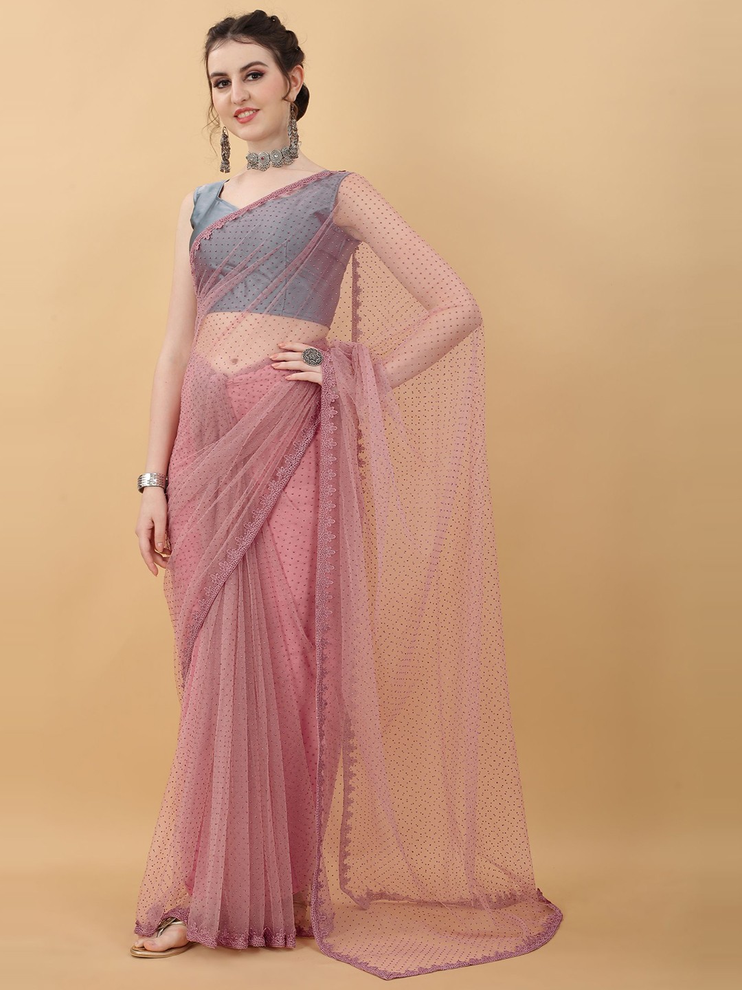 

kasee Pink Embellished Beads and Stones Net Saree