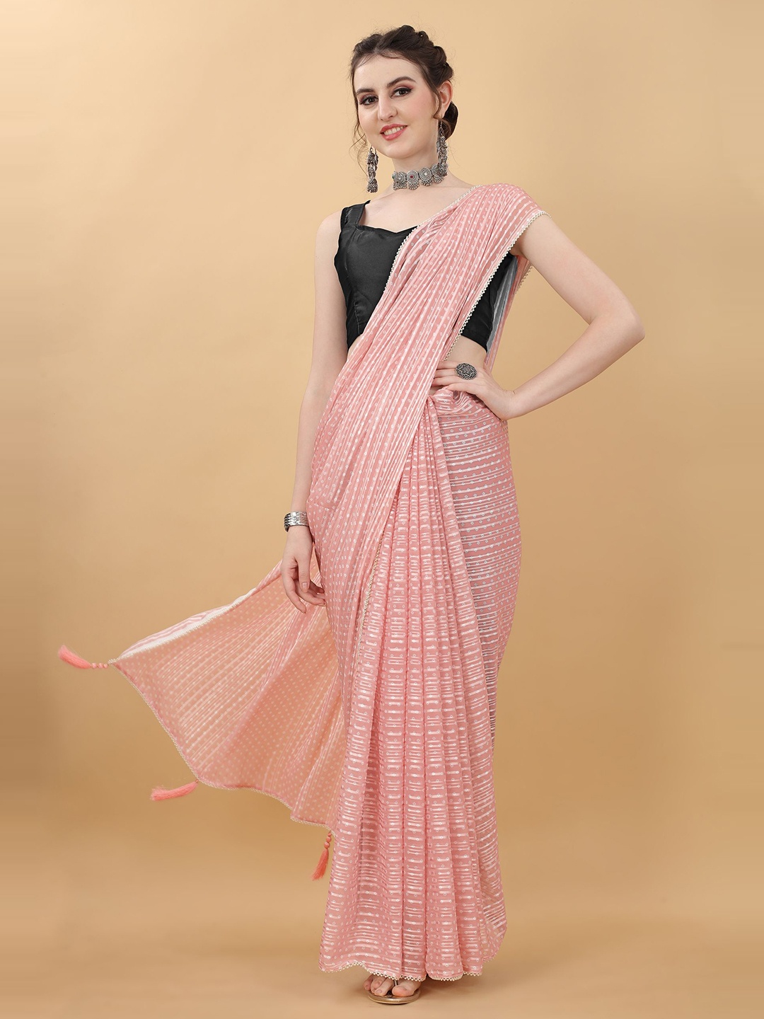

kasee Pink & Silver Floral Satin Saree