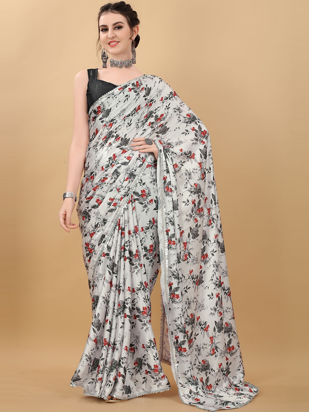 

kasee Off White & Grey Floral Satin Saree
