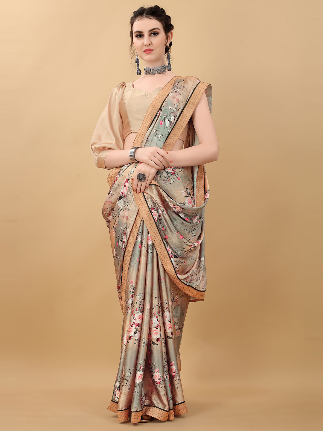 

kasee Grey & Orange Floral Satin Saree