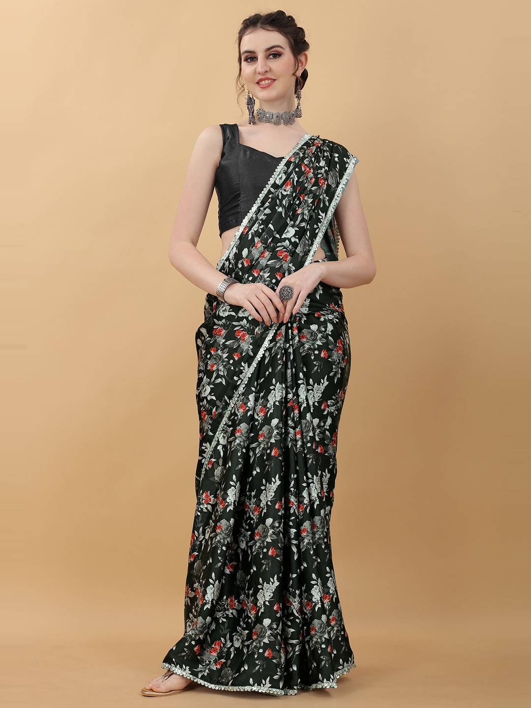 

kasee Floral Satin Saree, Black