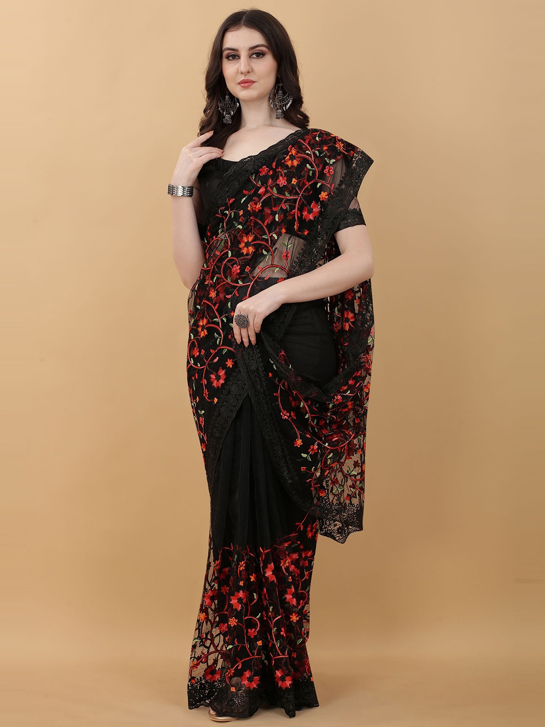 

kasee Black & Red Floral Embroidered Net Saree