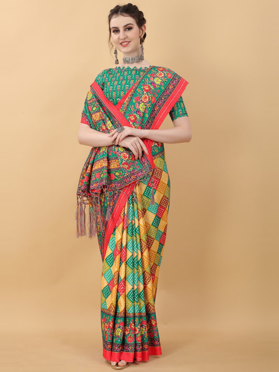 

kasee Yellow & Blue Ethnic Motifs Satin Saree