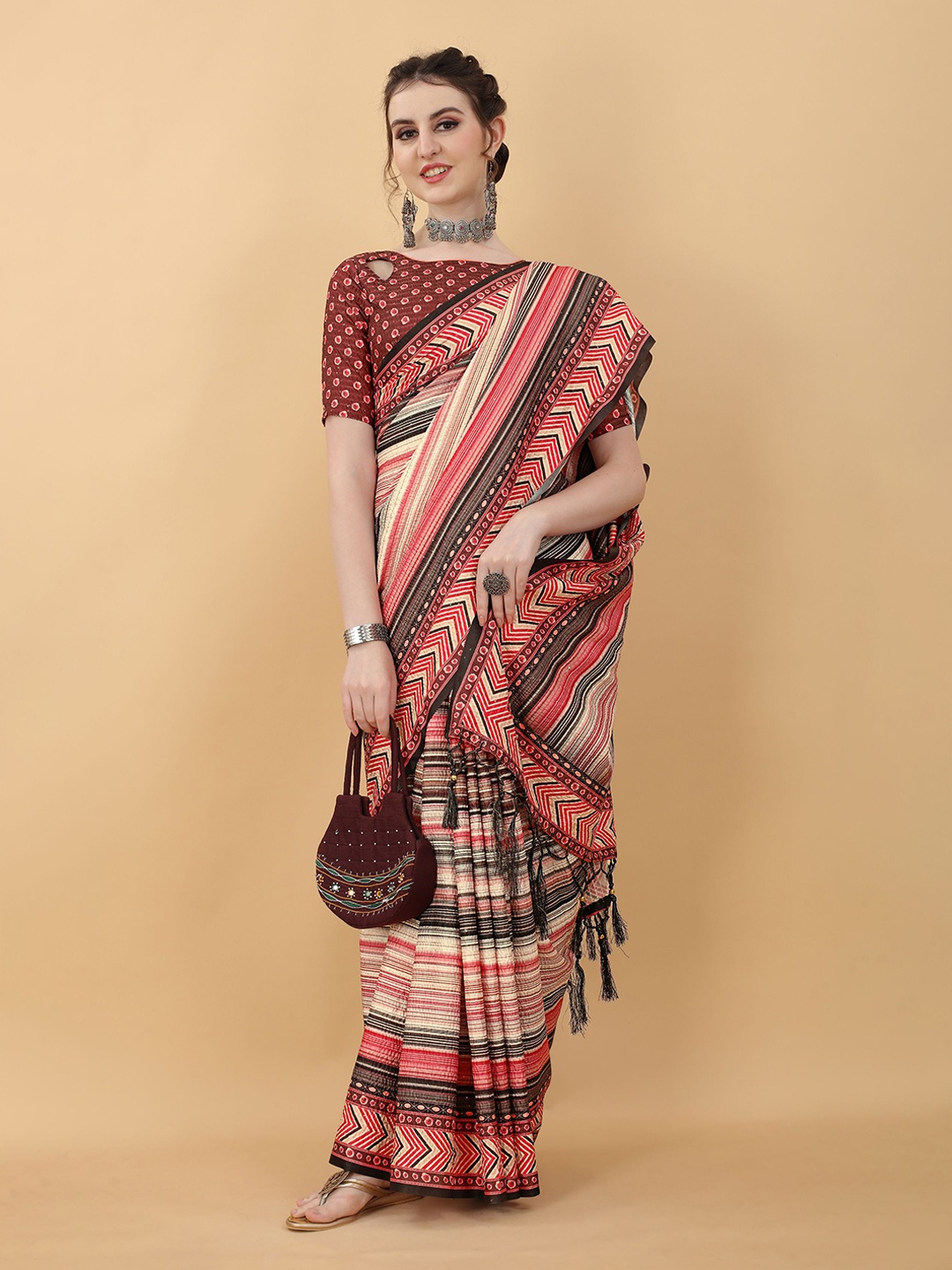 

kasee Pink & Red Striped Satin Saree