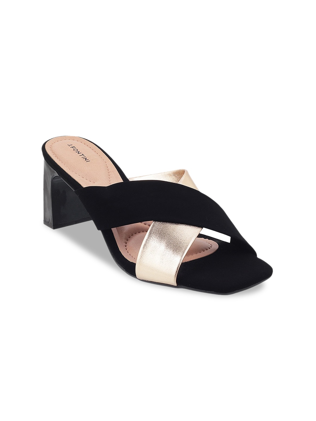 

J FONTINI Women Black & Gold-Toned Block Heels