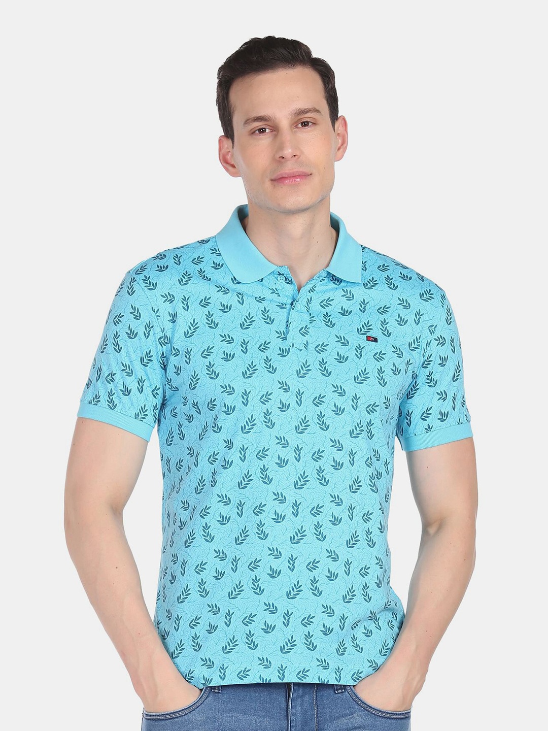 

AD By Arvind Floral Printed Polo Collar Slim Fit Cotton T-shirt, Blue