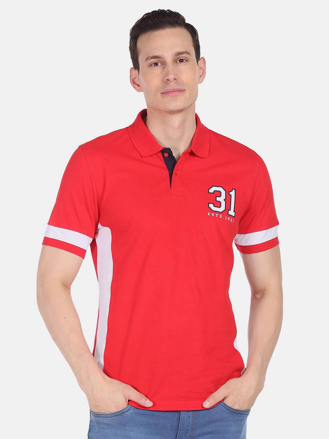 

AD By Arvind Colourblocked Polo Collar Slim Fit Cotton T-shirt, Red