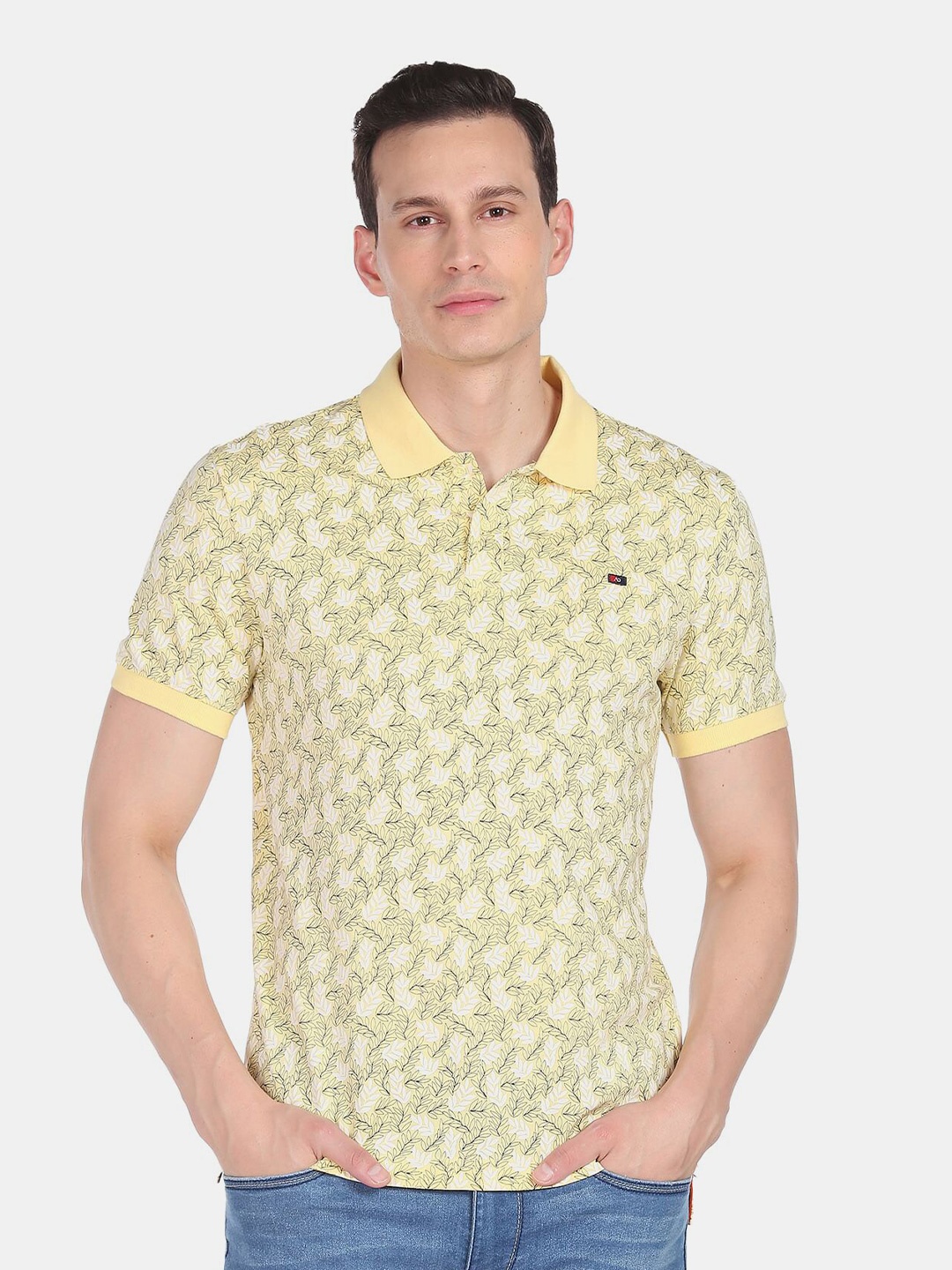 

AD By Arvind Floral Printed Polo Collar Slim Fit Cotton T-shirt, Yellow