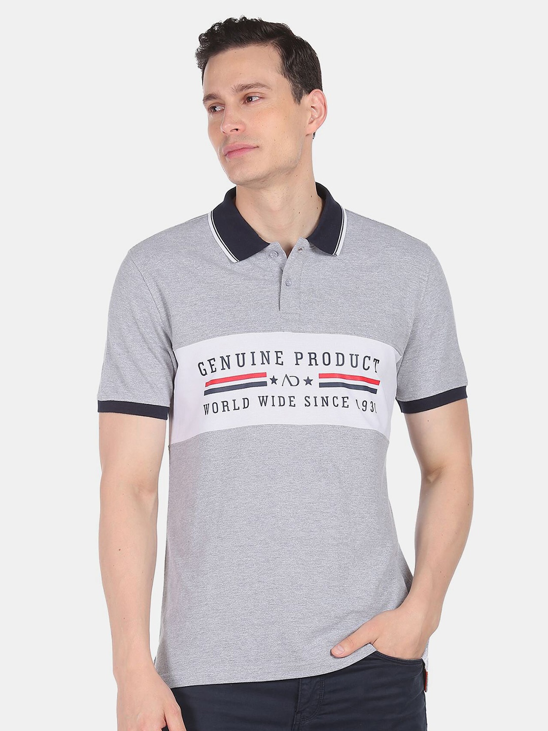 

AD By Arvind Typography Printed Polo Collar Slim Fit Cotton T-shirt, Grey