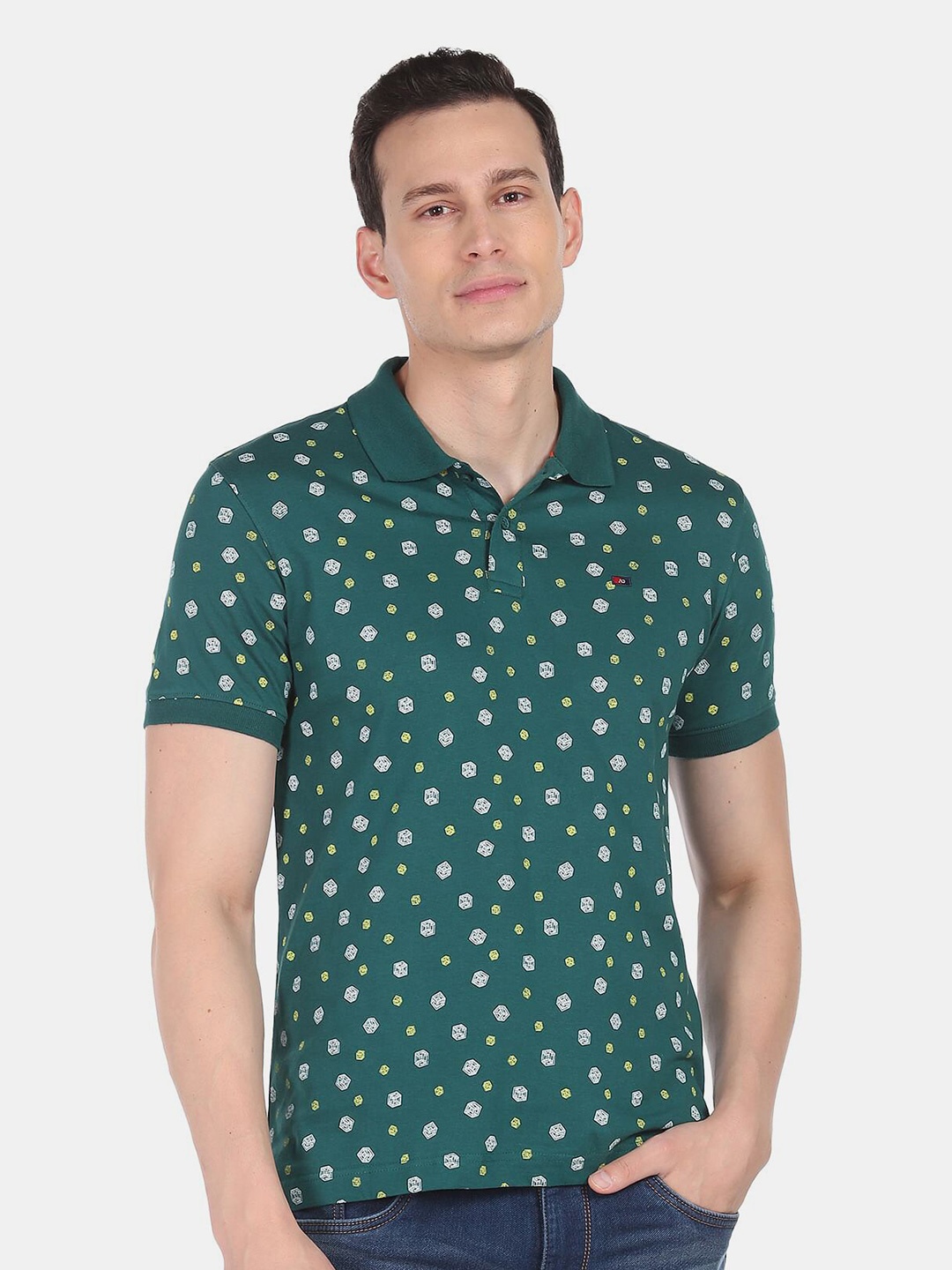 

AD By Arvind Men Green Printed Polo Collar Slim Fit Cotton T-shirt