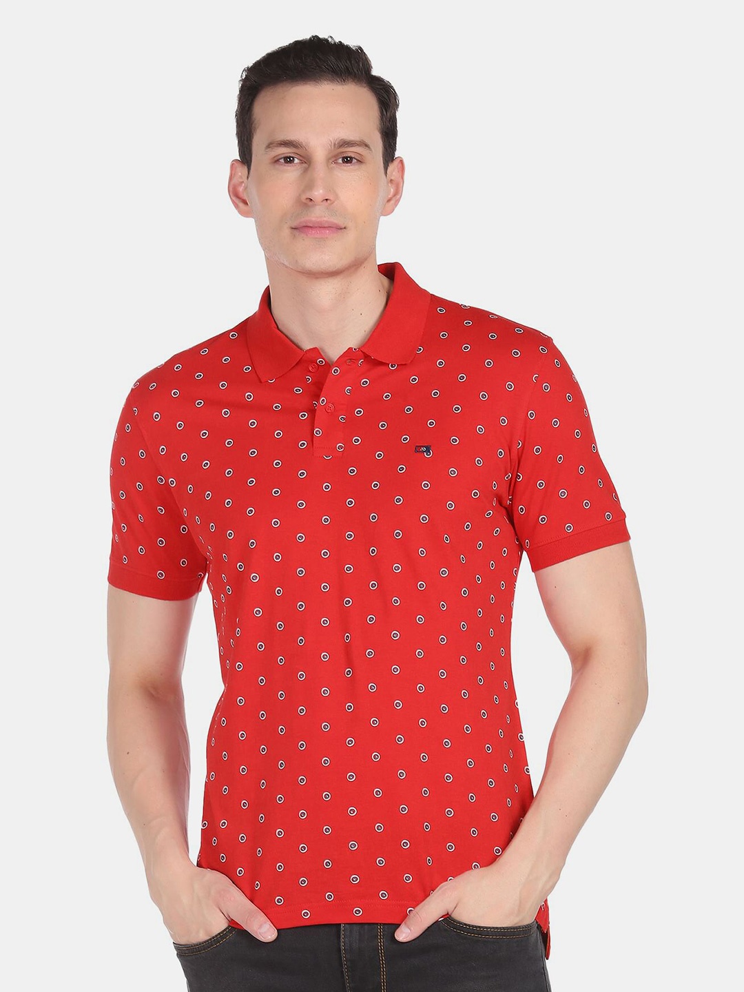 

AD By Arvind Men Red Abstract Printed Polo Collar Slim Fit Cotton T-shirt