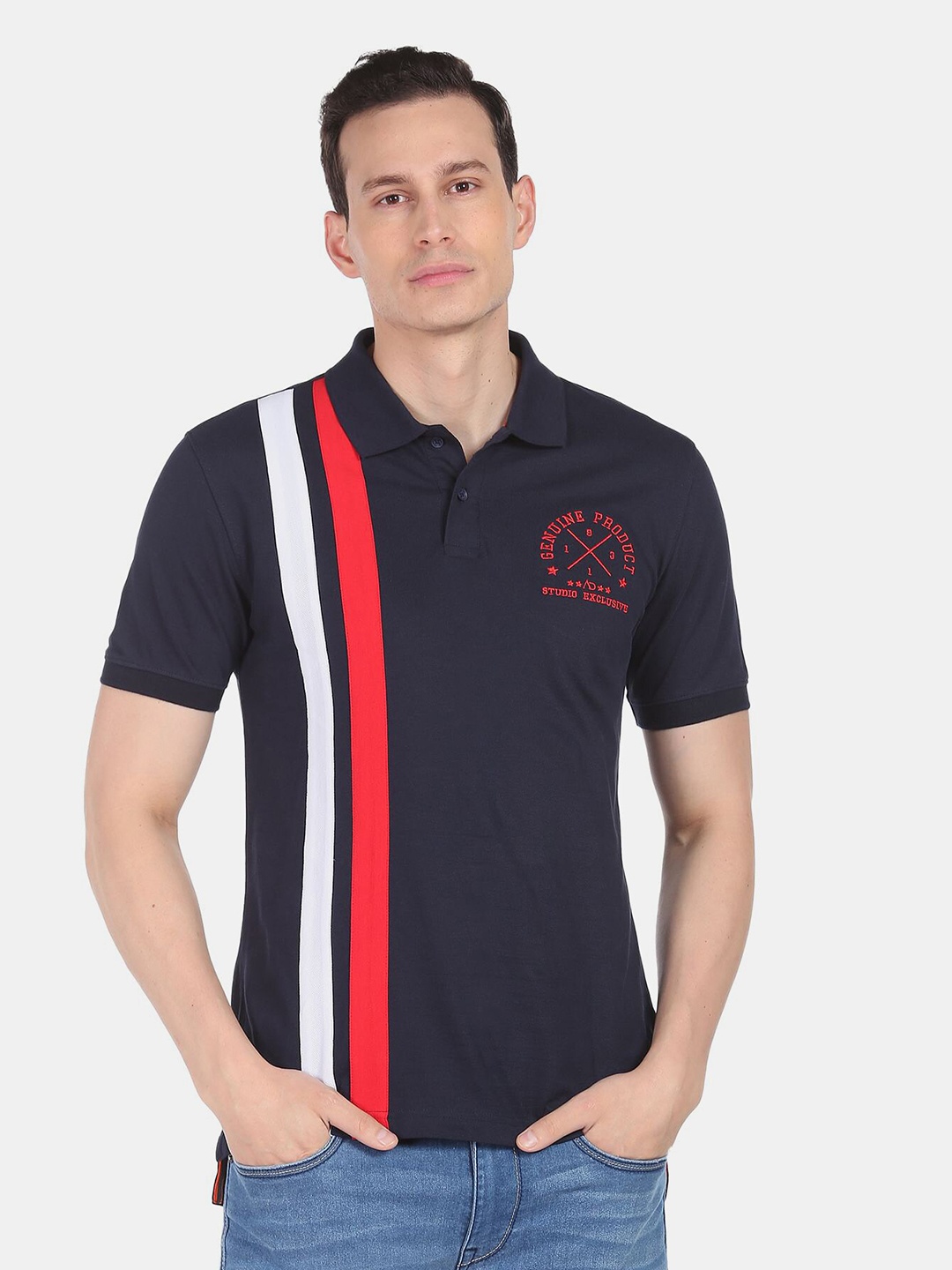 

AD By Arvind Striped Polo Collar Slim Fit Cotton T-shirt, Navy blue