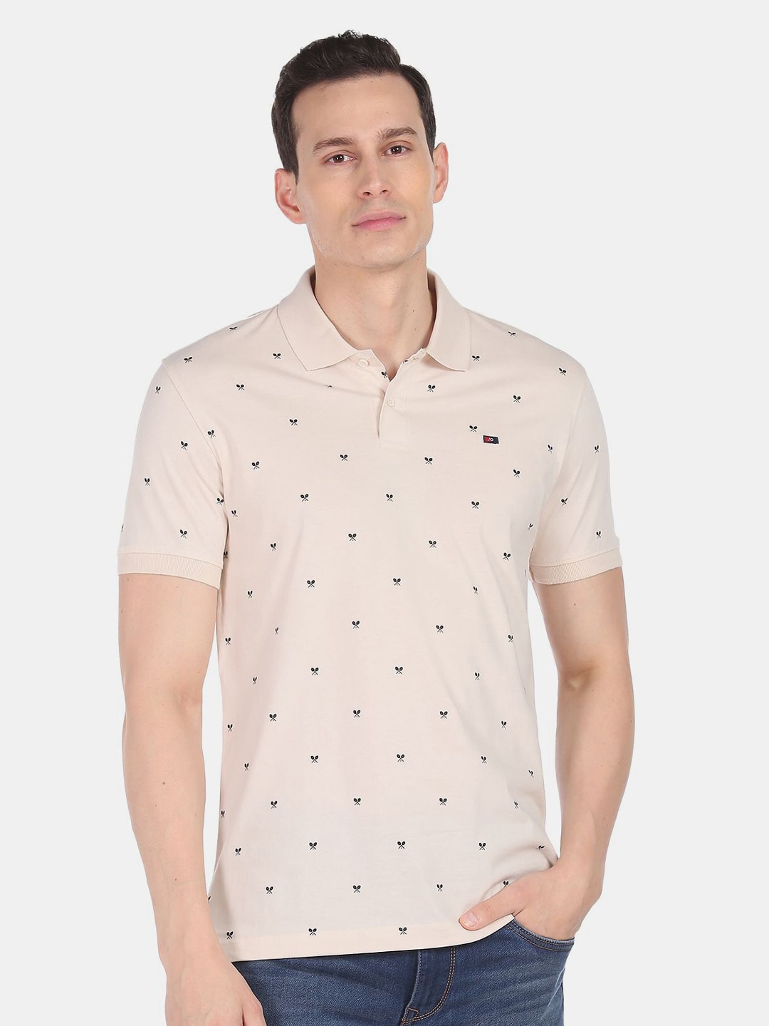 

AD By Arvind Conversational Printed Polo Collar Slim Fit Cotton T-shirt, Beige