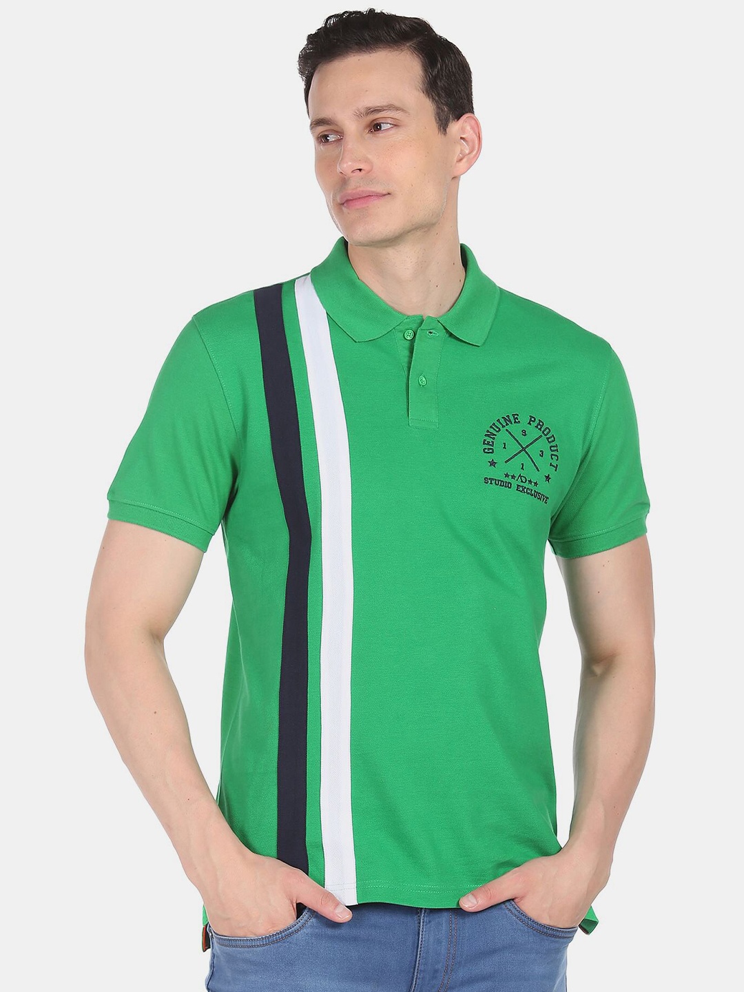 

AD By Arvind Striped Printed Polo Collar Slim Fit Cotton T-shirt, Green