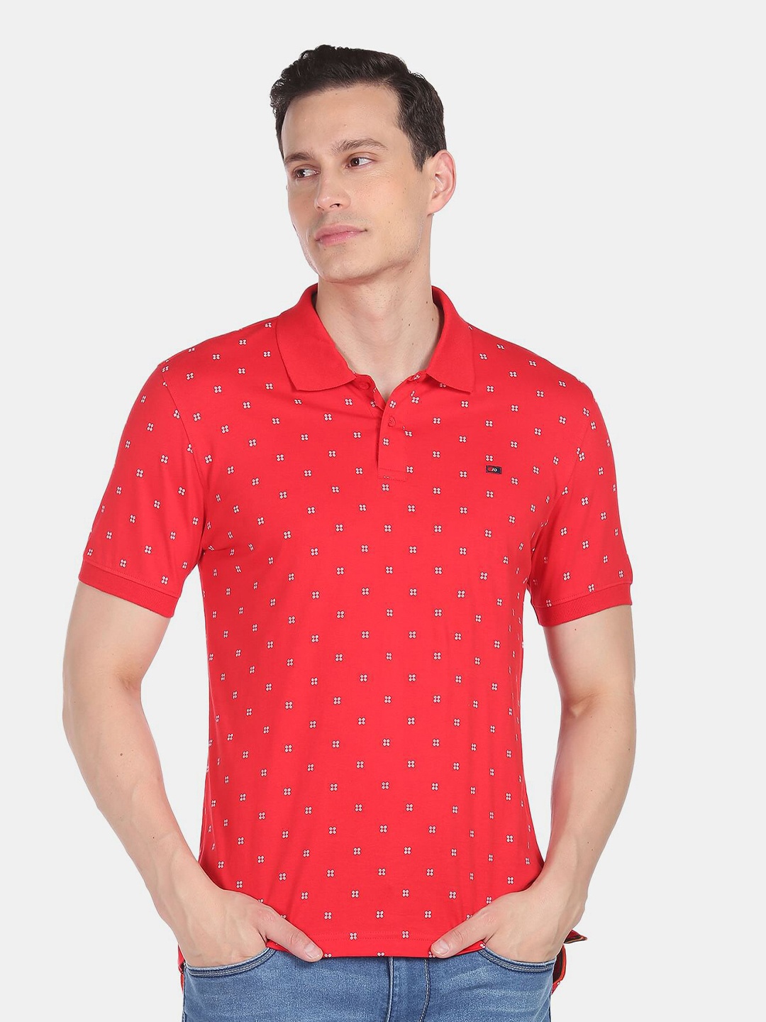 

AD By Arvind Men Red Printed Polo Collar Slim Fit Cotton T-shirt
