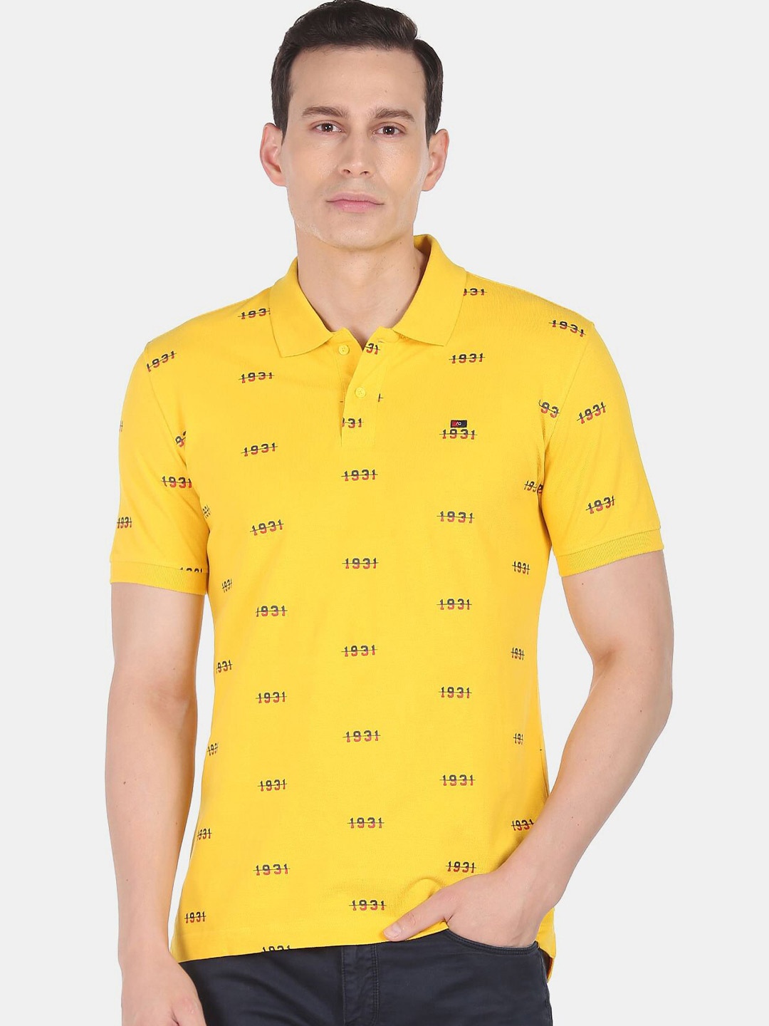 

AD By Arvind Conversational Printed Polo Collar Slim Fit Cotton T-shirt, Yellow