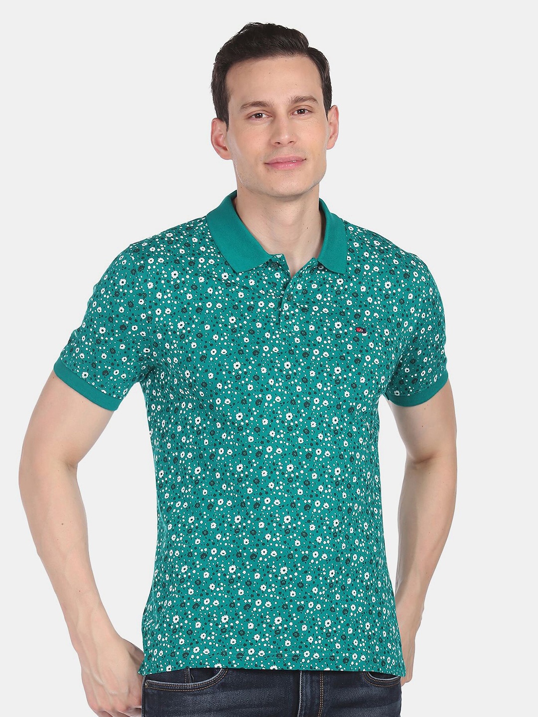 

AD By Arvind Floral Printed Polo Collar Slim Fit Cotton T-shirt, Green