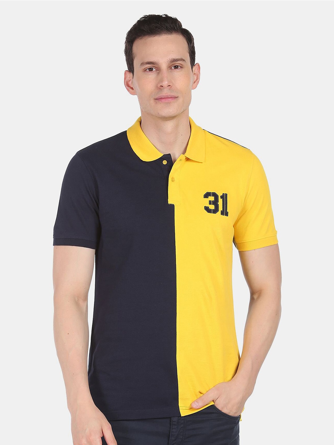 

AD By Arvind Colourblocked Polo Collar Slim Fit Cotton T-shirt, Navy blue