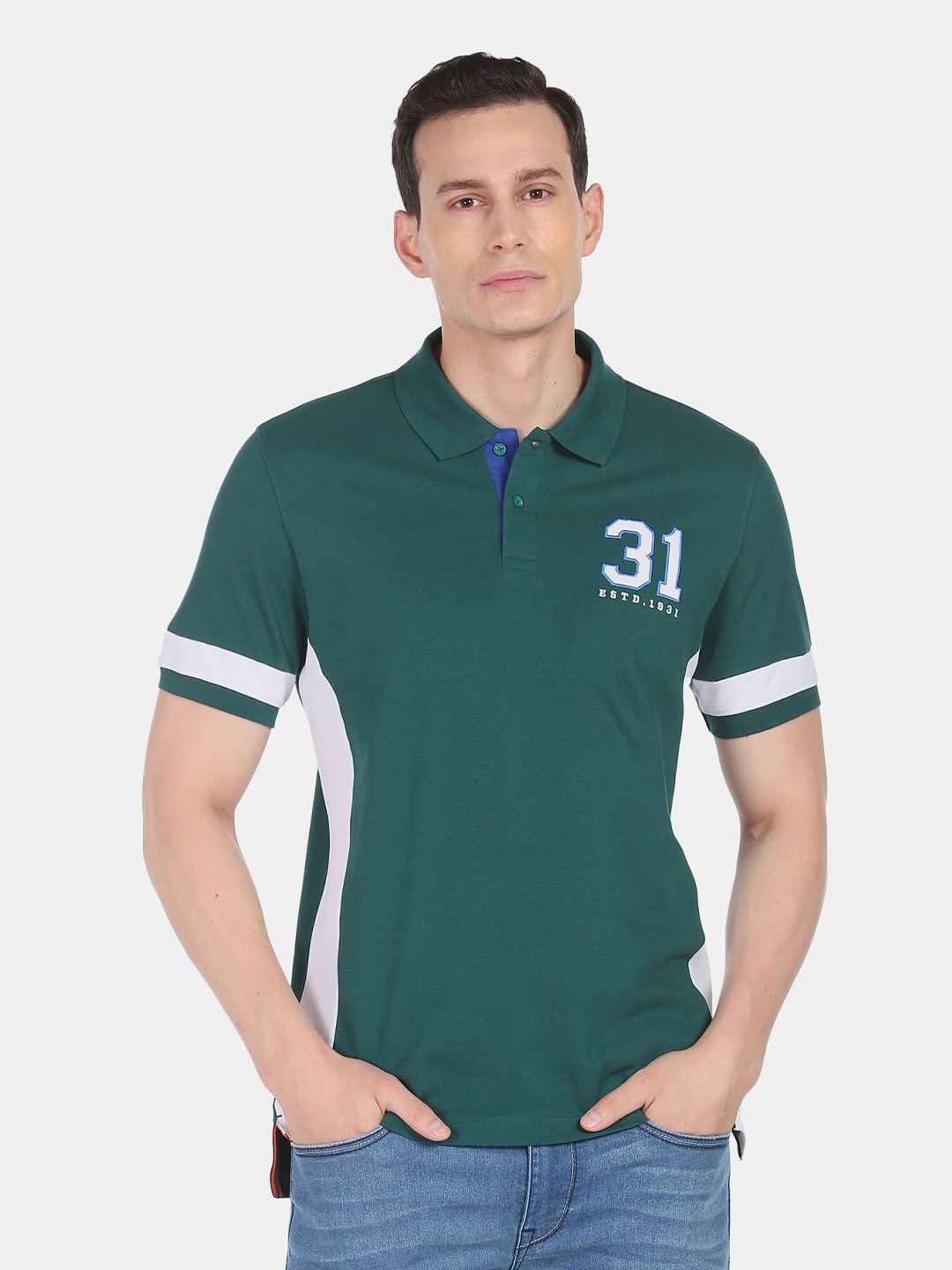

AD By Arvind Colourblocked Polo Collar Slim Fit Cotton T-shirt, Green