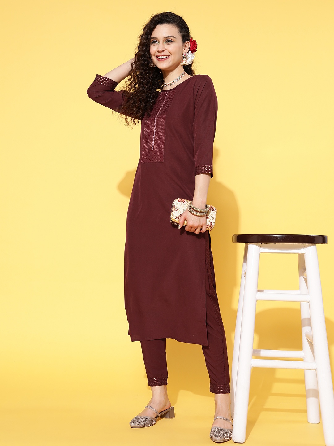 

SheWill Women Burgundy Sequinned Kurta with Trousers