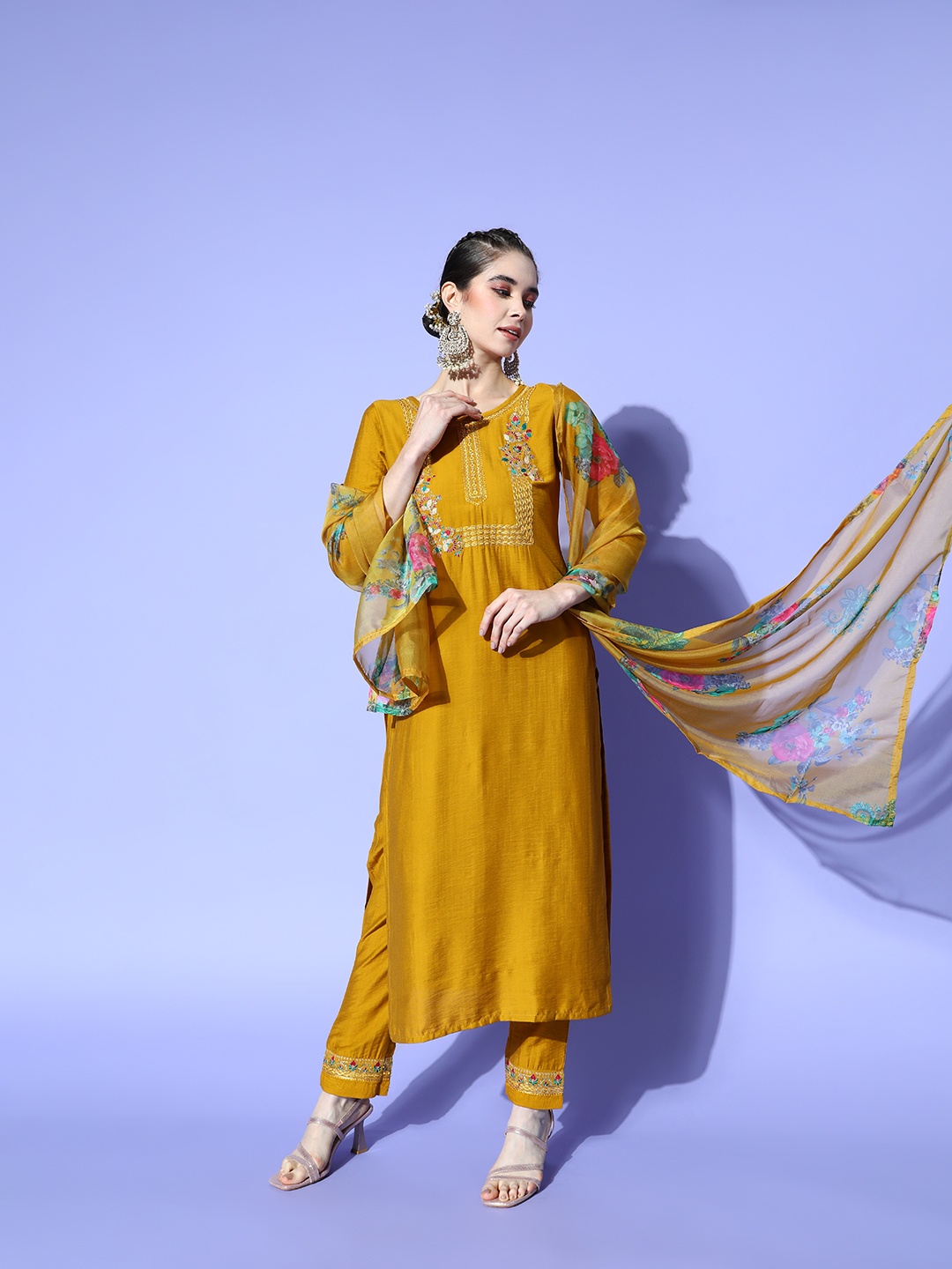 

SheWill Women Mustard Yellow Floral Embroidered Kurta With Trousers & With Dupatta