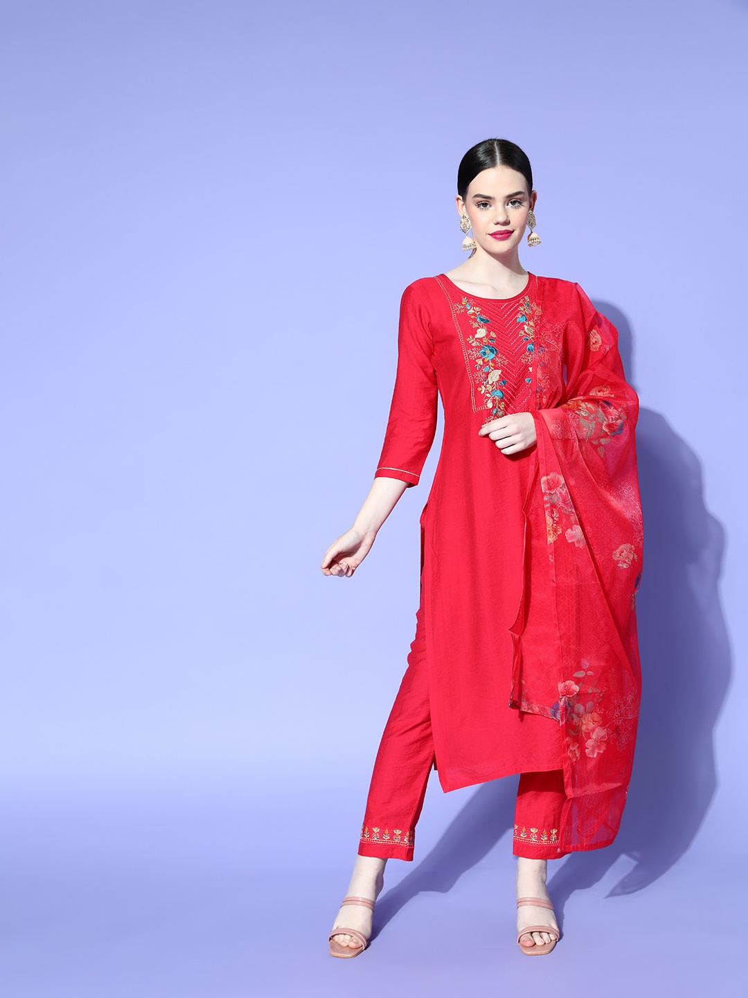 

SheWill Women Pink Floral Embroidered Kurta With Trousers & With Dupatta