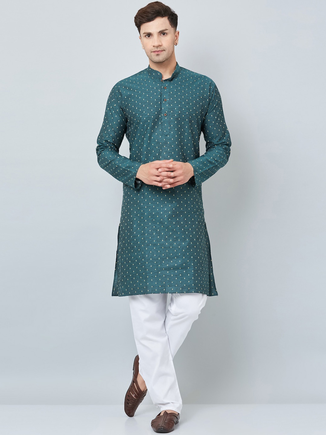 

Armaan Ethnic Men Green Geometric Woven Design Cotton Kurta