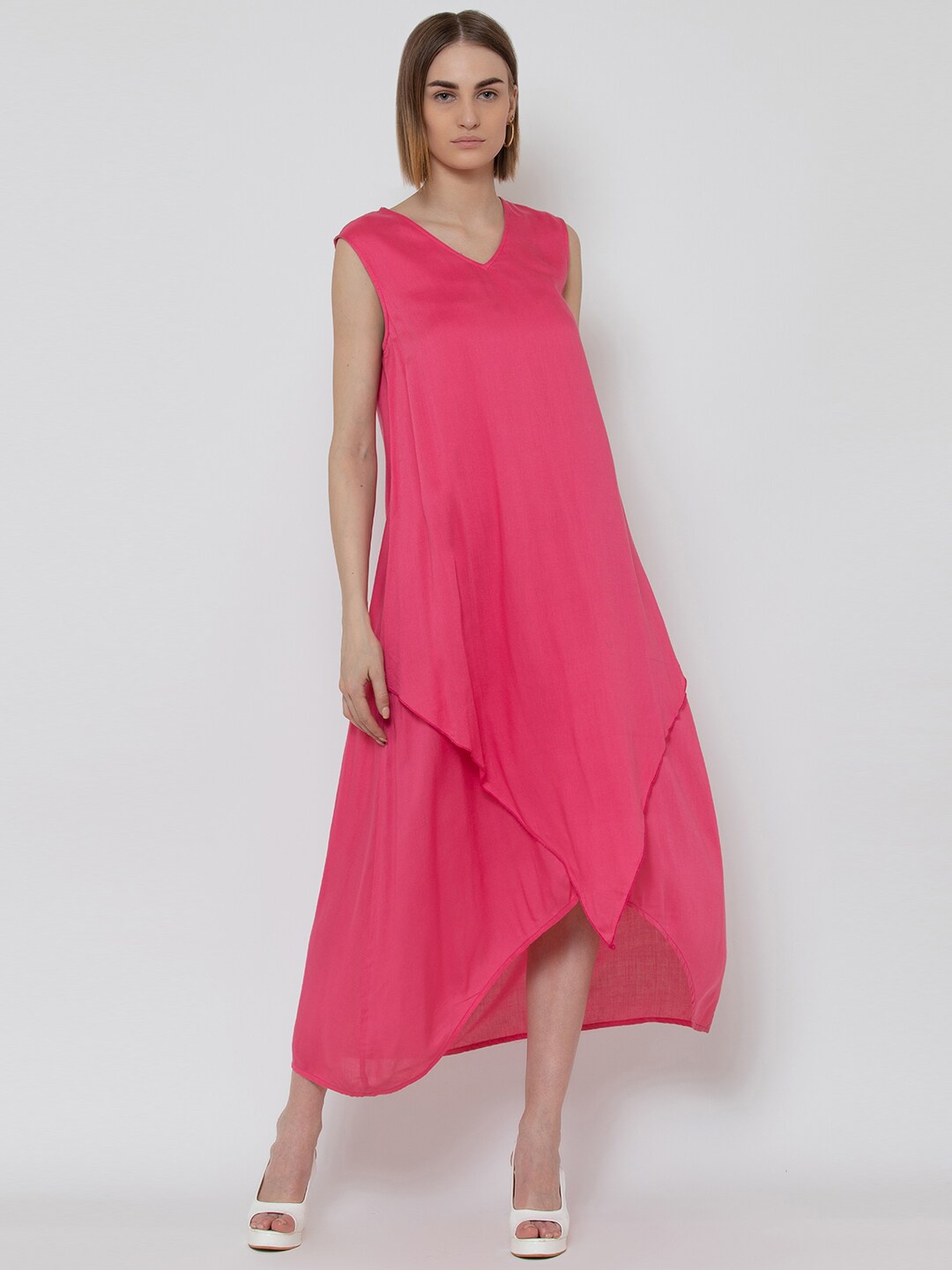 

DODO & MOA Women Pink Solid Layered Sleeveless A-Line Dress