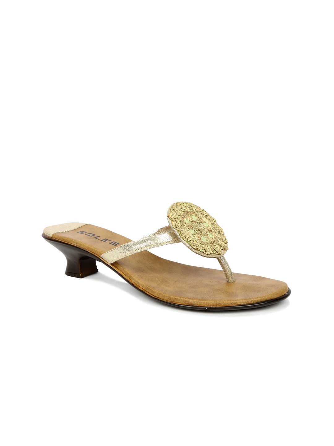 

SOLES Women Green & Gold-Toned Embellished Kitten Sandals